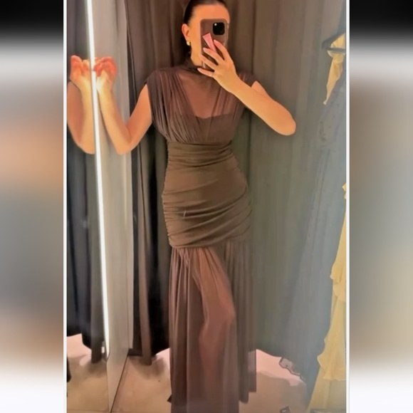 Zara Brown Draped Maxi Dress with Sheer Skirt - Picture 8 of 16